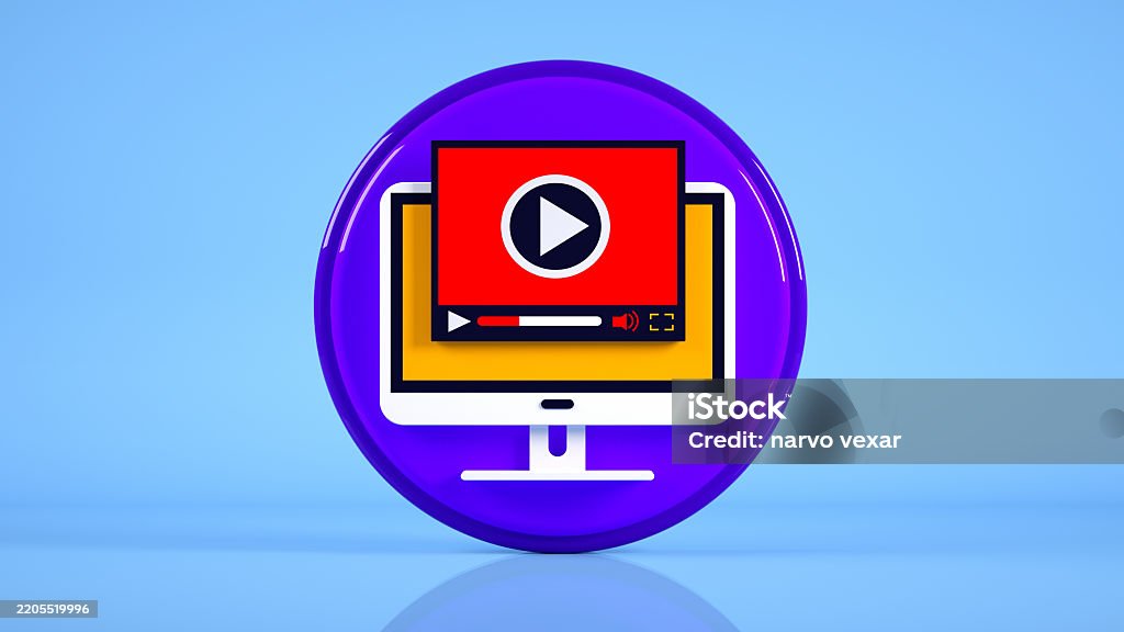 A stylized computer monitor displays a video player interface with a prominent play button, set within a purple circular frame against a light blue background with a reflective surface. This image conceptually represents online video content, streaming services, multimedia players, digital entertainment, and watching videos on a desktop or web platform.